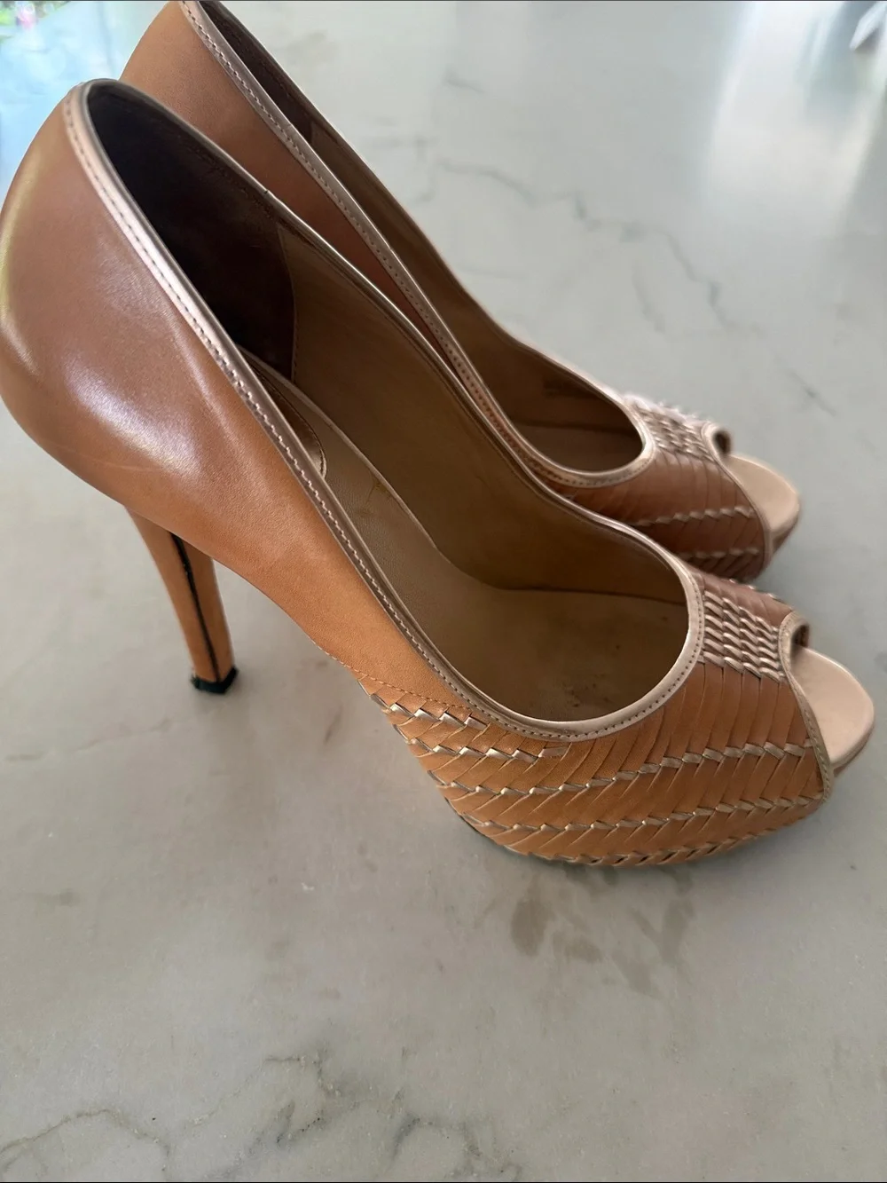 Cole Haan Nike collab Tan Woven Peep-Toe Leather Heels 9B